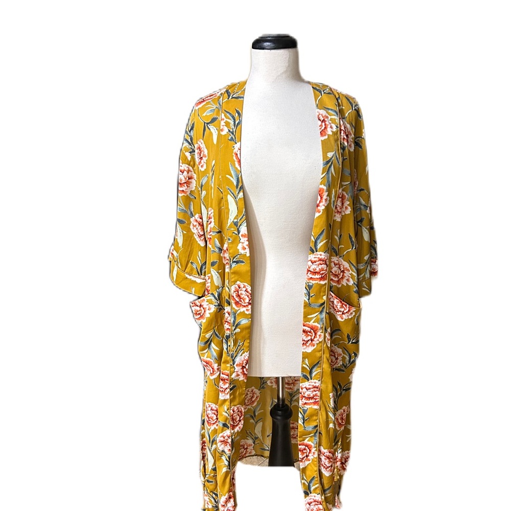 Blueh Ciel Mustard Gold Floral Long Belted Slinky Kimono Robe Boho Hippie sz S - Picture 3 of 5